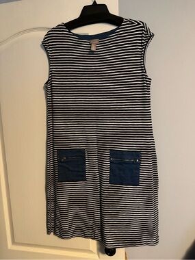 Chico's Navy and White Striped Sleeveless Shift Dress with Navy Patch Pockets